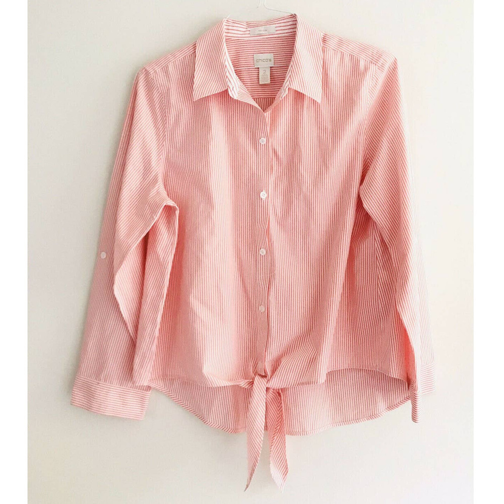 Chicos | Tie Front Striped Shirt Button Up Roll Tap 3/4 Sleeves Womens Size 2